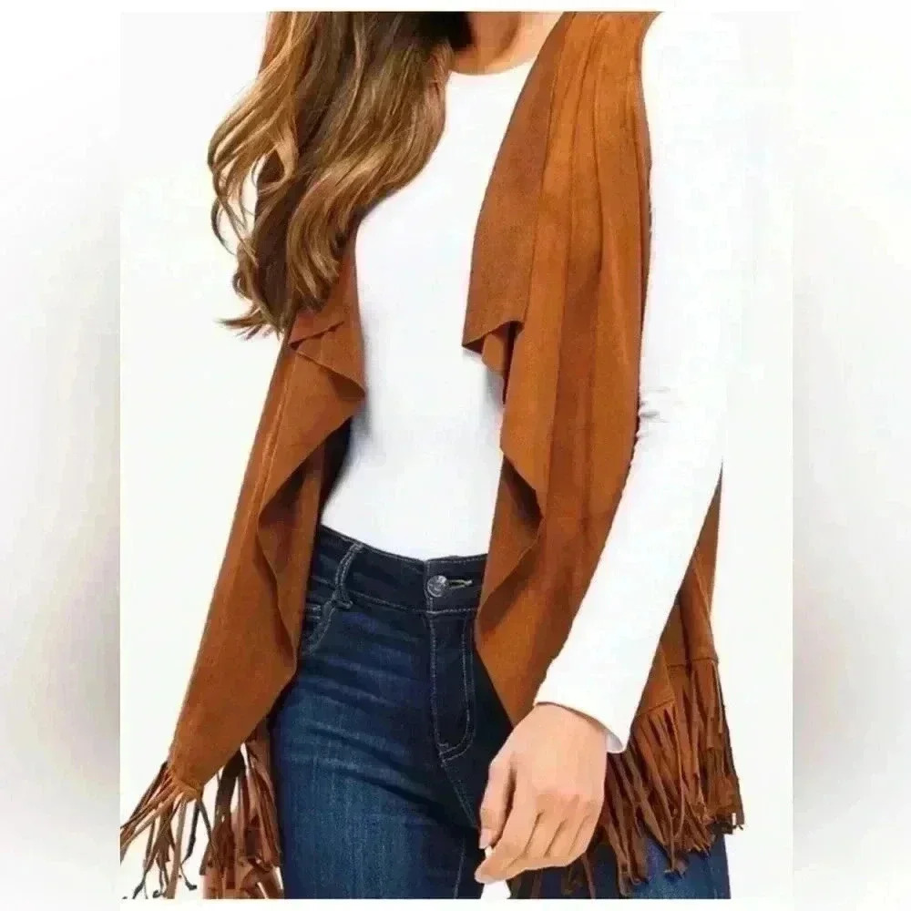French Laundry Tan Faux Suede Fleece Lined Draped Front fringe Vest Sz S. G#252